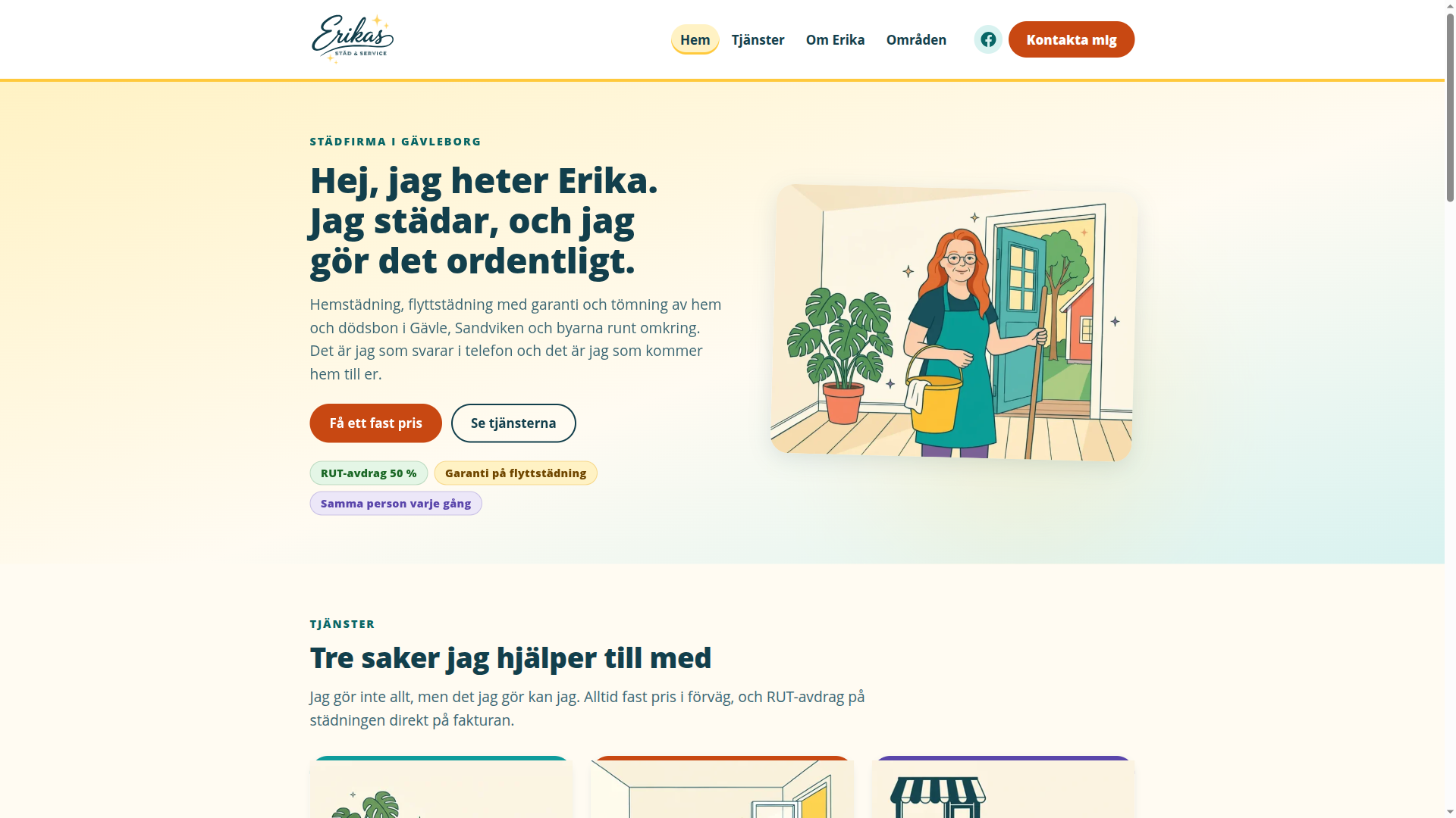 Skärmavbild av Erikas Städ & Service webbplats i Gävleborg