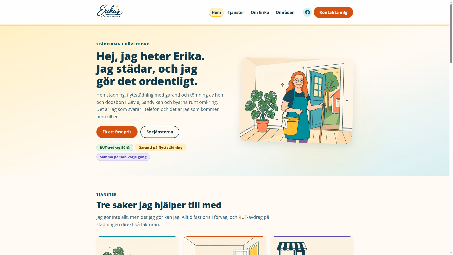 Skärmavbild av Erikas Städ & Service webbplats i Gävleborg