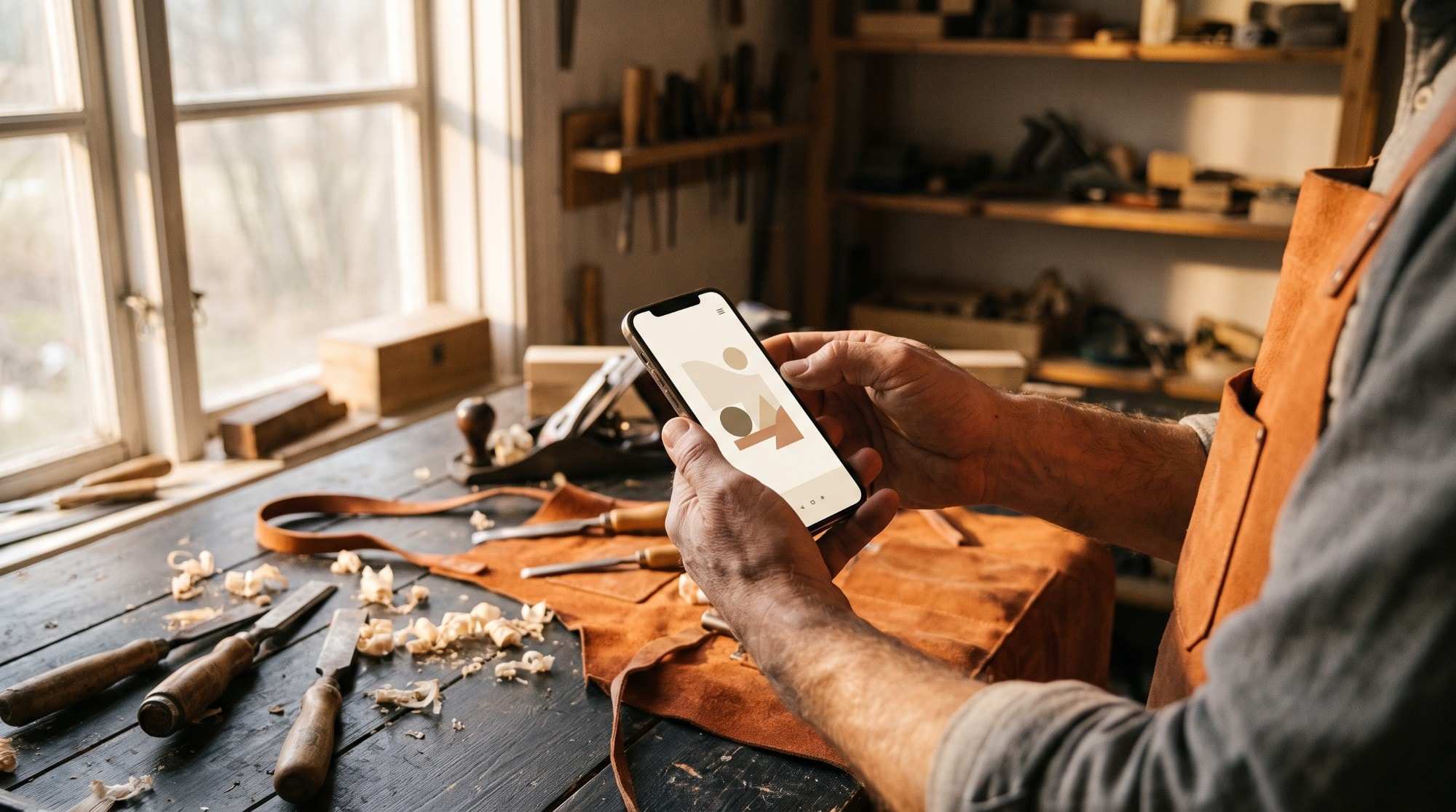 Hantverkare i sin verkstad tittar på en företagssajt i mobilen
