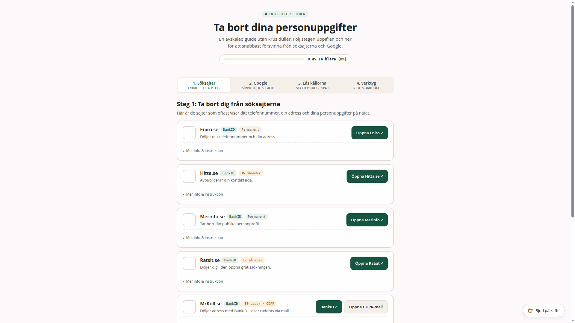 Skärmavbild av Integritetsguiden för att ta bort personuppgifter på nätet