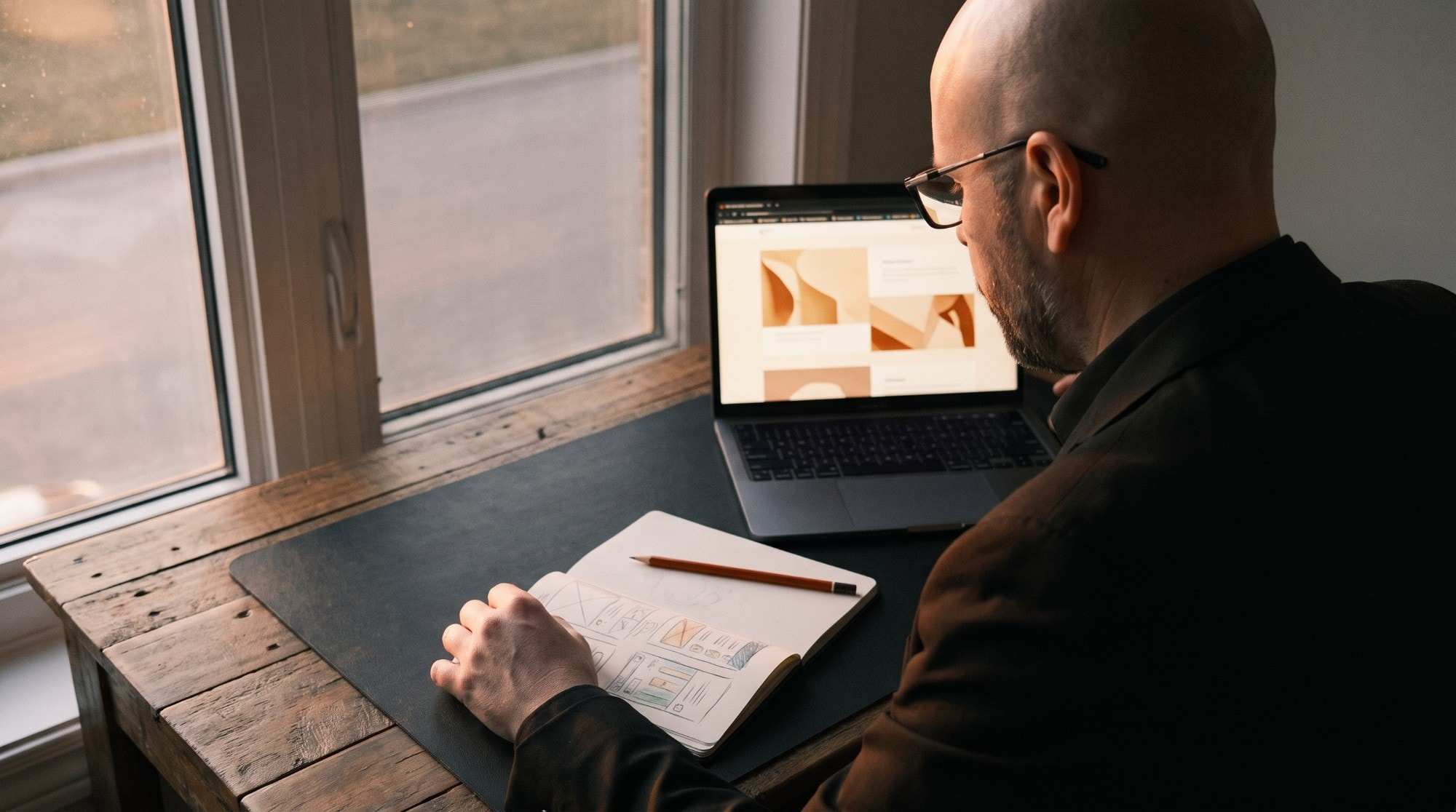 Jonas Pudas vid sitt skrivbord skissar sidlayouter i ett anteckningsblock, med en laptop framför sig