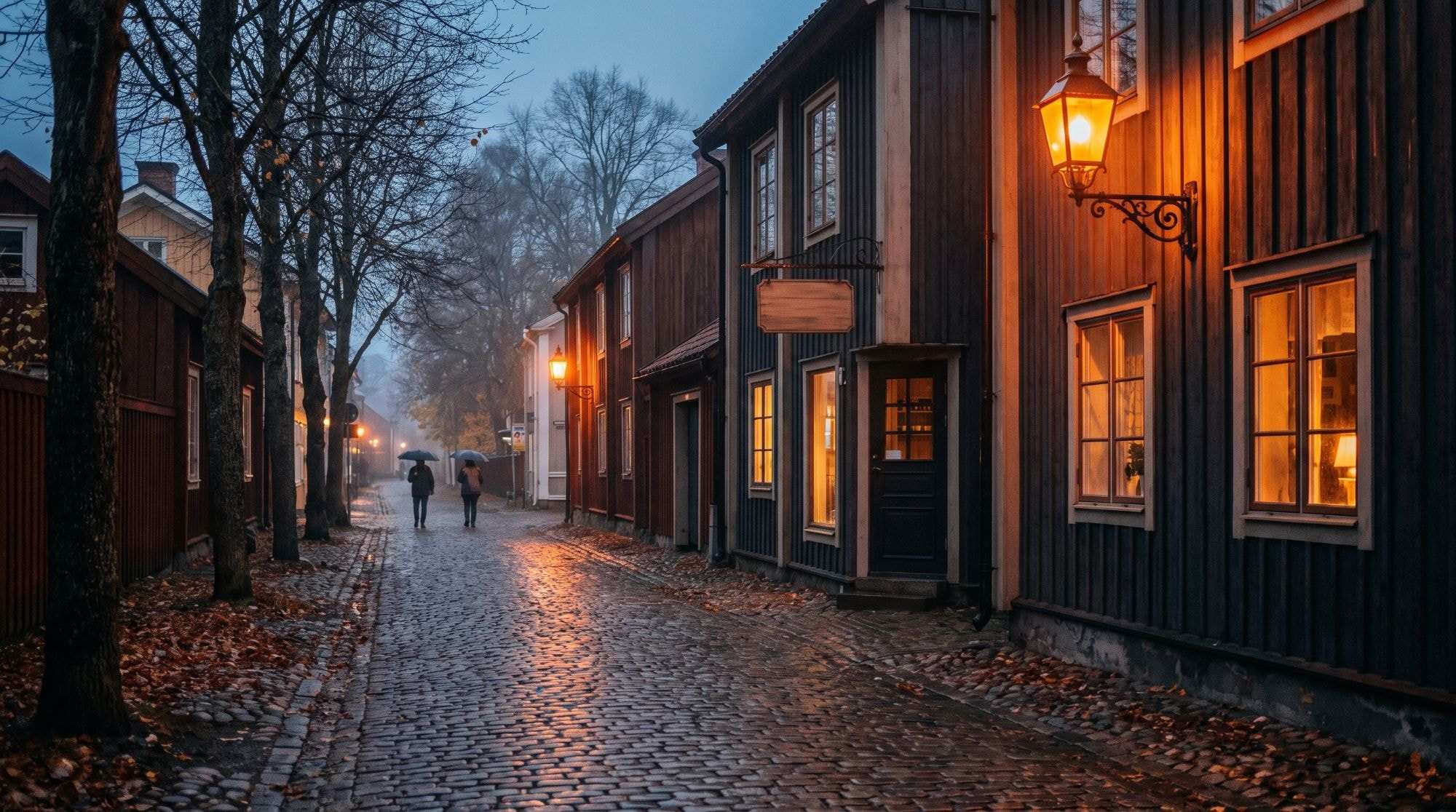 Kullerstensgata med gamla trähus och tända lyktor en regnig höstkväll