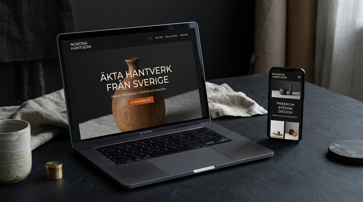 Handkodad svensk företagssajt på laptop och mobil med skandinavisk hantverksdesign