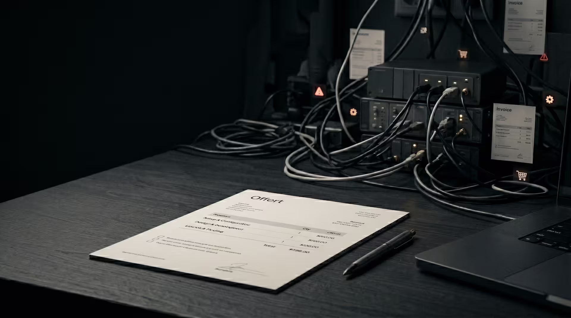 En prydlig offert ligger i förgrunden på ett mörkt skrivbord, i skarp kontrast till ett rörigt trassel av kablar och IT-utrustning i bakgrunden, vilket illustrerar komplexiteten bakom WordPress.