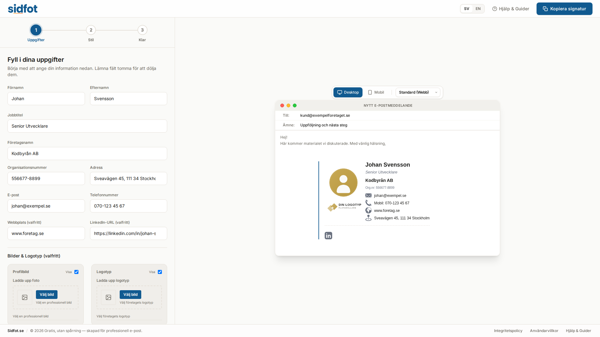 Skärmavbild av Sidfots webbplats som visar e-postsignaturer