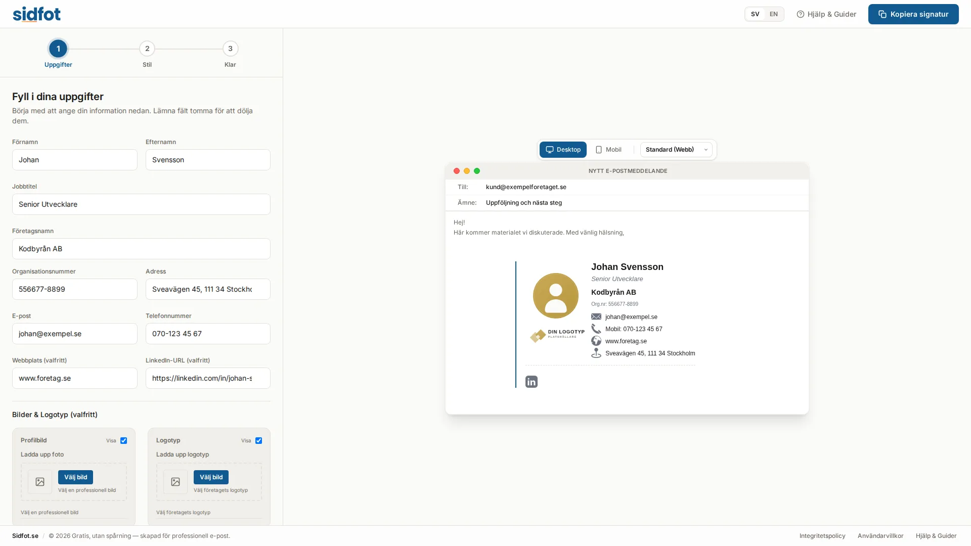 Skärmavbild av Sidfots webbplats som visar e-postsignaturer