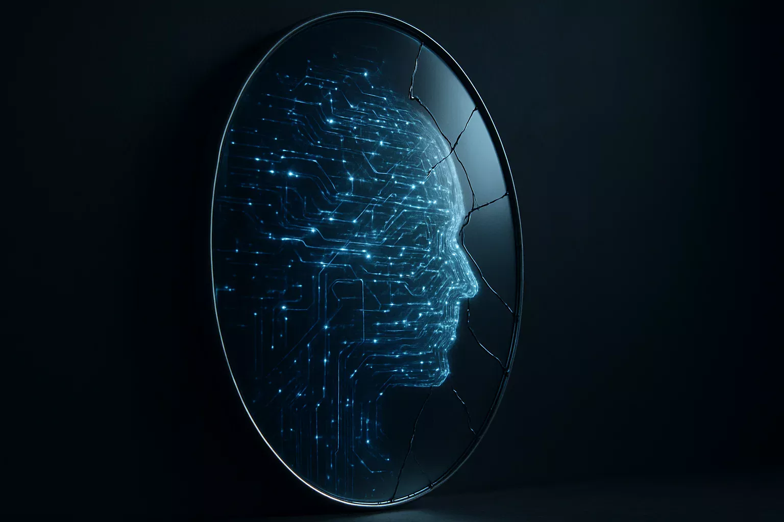 Futuristiskt ansikte av blå kretsar i en sprucken cirkelrund spegel, symboliserar AI.